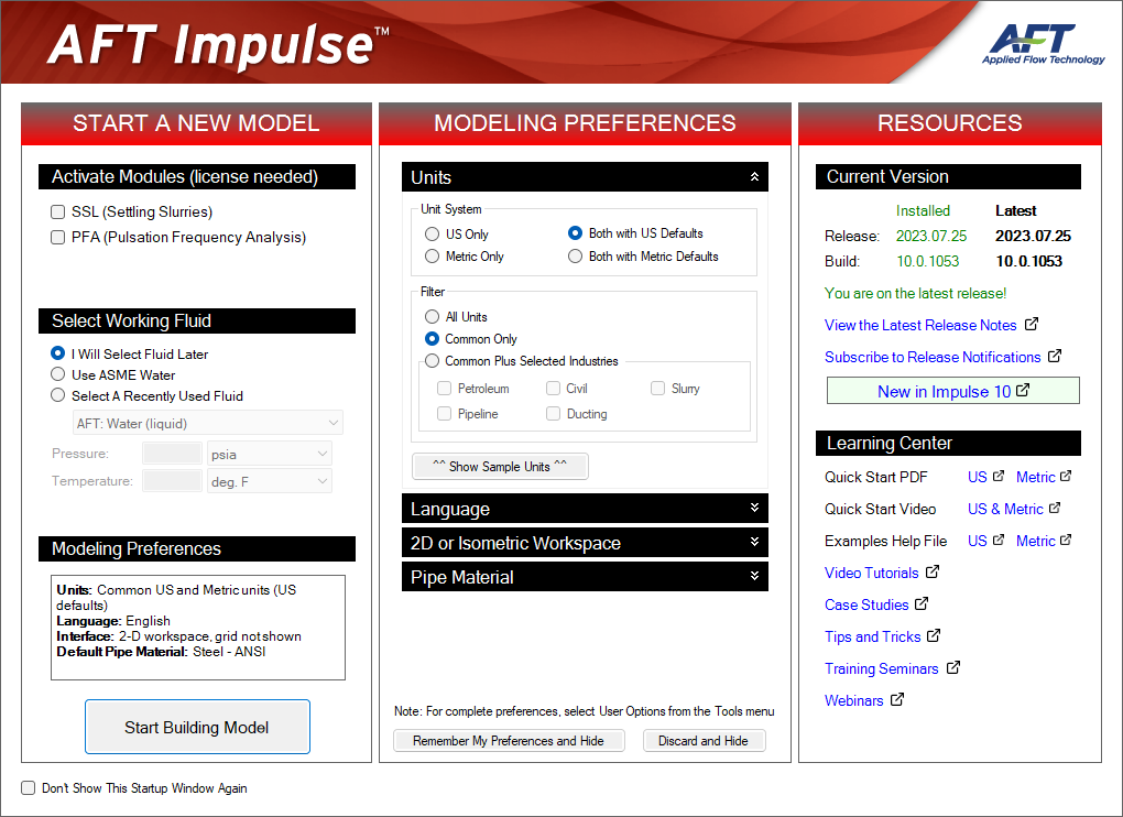 The Startup Window in AFT Impulse showing the modeling preferences.